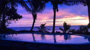 a sunset over a swimming pool with palm trees and the ocean at Gerard chantal in Saint-Pierre