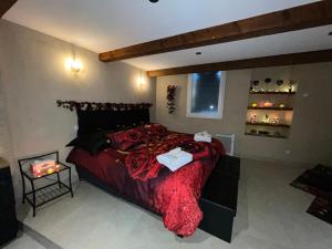 a bedroom with a large bed with a red blanket at Le Cocon SPA Évasion Privée - jacuzzi - in Lunel +13 photos
