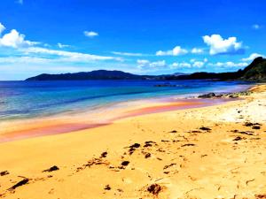 a beach with colored sand and the ocean at Seascape Peninsula Bach in Kaitaia