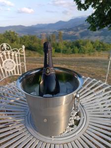 a bottle of champagne in an ice bucket on a table at La Torre in Pavullo nel Frignano