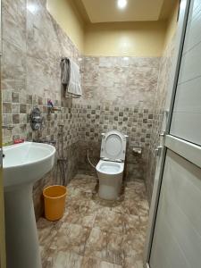 a bathroom with a toilet and a sink at Sakhiya Fish Resort Pvt Ltd in Chhapia