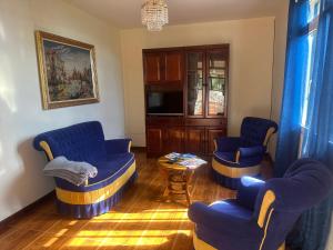 a living room with two blue chairs and a table at Elisabeth House in Ponta do Sol