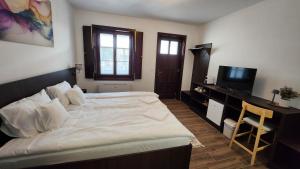 a bedroom with a large bed and a television at Szende Vendégház in Villány