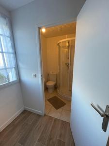 a bathroom with a shower and a toilet at Le OUESSANTIN in Lampaul
