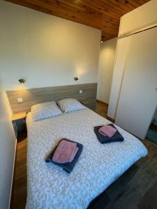 a bedroom with a bed with two pillows on it at Le OUESSANTIN in Lampaul