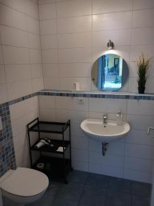 a bathroom with a sink and a toilet and a mirror at Ferienwohnungen Seeglück in Senftenberg +36 photos