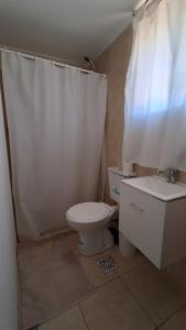 a bathroom with a toilet and a shower curtain at SLC San Martín 4 in San Luis
