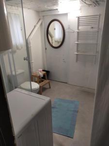a bathroom with a mirror and a blue rug at Octavie in Villeurbanne