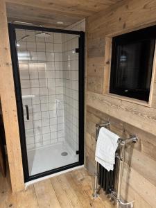 a bathroom with a shower with a glass door at The Goose In The Woods - With Lakeside Sauna in Wellesbourne Hastings +63 photos