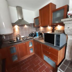 a kitchen with wooden cabinets and a microwave at Ciel Etoillè in Saint-Bonnet-de-Four