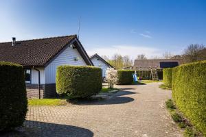 a house with hedges in front of a driveway at Zeebungalows Terschelling in Formerum