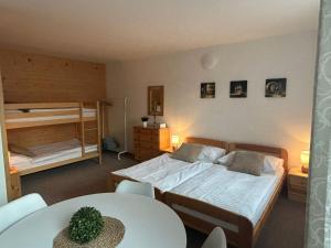 a bedroom with two bunk beds and a table at Apartmány u Pálavy in Přítluky +47 photos