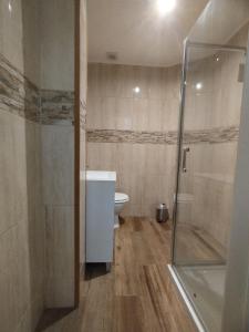 a bathroom with a shower and a toilet and a sink at Chill Spot - Faro Hostel in Faro +18 photos