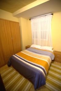 a bedroom with a bed with a window and a curtain at Modern Flat in Guejar Sierra in Güéjar-Sierra