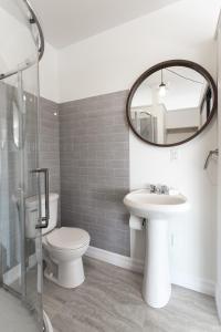 a bathroom with a toilet and a sink and a mirror at Whale House Guest House in Mobile