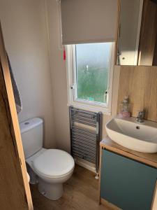 a small bathroom with a toilet and a sink at Coastal Caravan Seton Sands in Port Seton