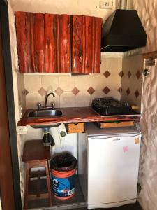 a small kitchen with a sink and a stove at Cabaña Tío Ale MONOAMBIENTES in El Bolsón