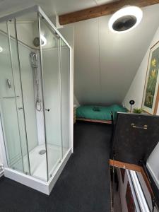 a small bathroom with a shower and a green bed at Huisje Vivaldi in Den Bosch