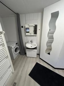 a bathroom with a sink and a washing machine at Ferienwohnung Sofie Marie in Oberhausen +10 photos