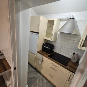 a small kitchen with a sink and a microwave at Snug on Eden Derry in Londonderry County Borough