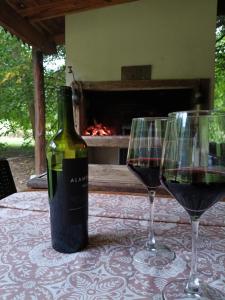 two glasses of red wine on a table with a fireplace at La morita hospedaje in Brandsen