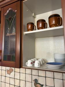 a kitchen counter with plates and cups on shelves at Al civico 7 Relax a due passi dal lago di Como in Oliveto Lario +24 photos