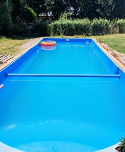 a blue swimming pool with a red frisbee on it at Casa Valle Verde in Sierra de los Padres +3 photos