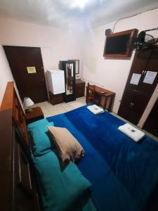 a bedroom with a blue bed and a television at Garcia's Suites y Hotel Villegas in Linares