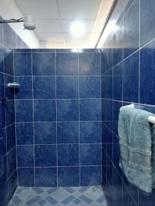 a blue tiled bathroom with a shower with a towel at Casa Verde in Quillabamba