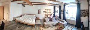 a living room with a bed and a couch at maison102 studio Saint-Ursanne Jura in Saint-Ursanne