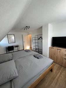 a bedroom with a large bed and a flat screen tv at Ellis Häusle in Nagold