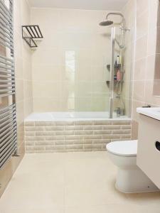 a bathroom with a shower and a toilet and a tub at Haven Stays - D15A5DF in Tyrrelstown