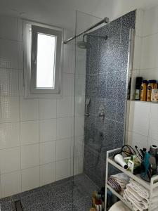 a shower with a glass door in a bathroom at Enlightened Escape in Nea Peramos +25 photos