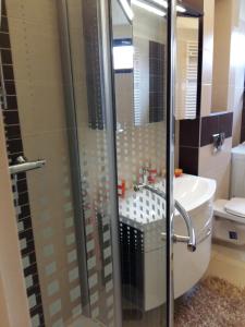 een badkamer met een douche, een toilet en een wastafel bij City Centre Apartment in Győr