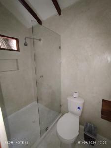 a bathroom with a toilet and a glass shower at Hotel Coral Sand Islas Del Rosario in Isla Grande