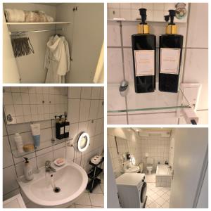 three pictures of a bathroom with a sink and a toilet at Central Hostel Nurnberg in Nuremberg