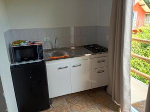 a small kitchen with a microwave and a sink at Chalé Pedacinho do Céu in Mairiporã
