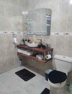 a bathroom with a toilet and a sink and a mirror at El rincón de Sánchez in Moca