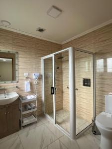 a bathroom with a shower and a sink at Hotel Parcela Tierra Fértil in Coltauco +32 photos