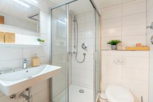 a bathroom with a shower and a sink and a toilet at Stolz 1 in Blaichach