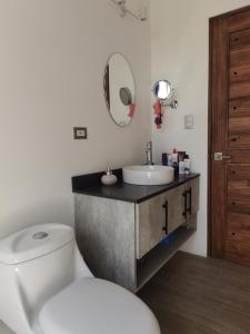 a bathroom with a toilet and a sink and a mirror at Casa Nébula La Cima de Dota in El Copey +29 photos