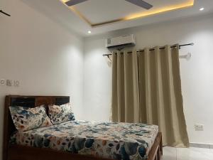 a bedroom with a bed and a curtain at 2BR Ultra Modern Apartment in Gbawe in Gbawe