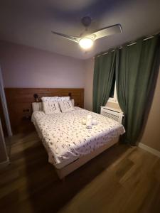 a bedroom with a bed and a ceiling fan at loyika , résidence avec caméra et digicode possibilité location voiture Mercedes ,garage ,climatisation ,cheminée, Netflix, petit déjeuner , repas du soir fondue, raclette , barbecue sur demande in Albertville +4 photos