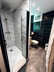 a bathroom with a shower and a toilet in it at loyika , résidence avec caméra et digicode possibilité location voiture Mercedes ,garage ,climatisation ,cheminée, Netflix, petit déjeuner , repas du soir fondue, raclette , barbecue sur demande in Albertville