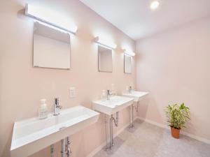 a bathroom with two sinks and mirrors and a potted plant at Southern Gate HIVE in Ishigaki Island