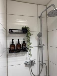 a bathroom with a shower with three bottles on a shelf at Zentrale Gästezimmer am Marienplatz- Paris in Stuttgart