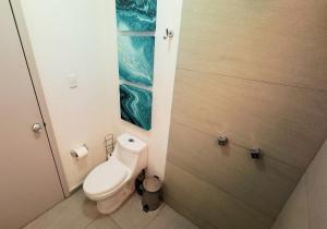 a bathroom with a toilet and a painting on the wall at Viveros Centric and Comfortable Apt 2BR B Quintana Alamos in Laborcillas