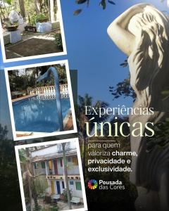 a collage of pictures of a pool and a statue at Pousada das Cores Cocais in Barão de Cocais