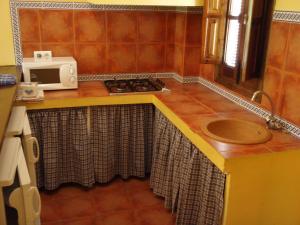 a kitchen with a counter with a sink and a microwave at Casa de la Fuente in Tolox