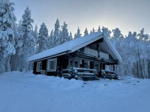 eine Blockhütte mit Schnee auf dem Dach in der Unterkunft Vaaranpää in Kotaniemi + 10 Fotos